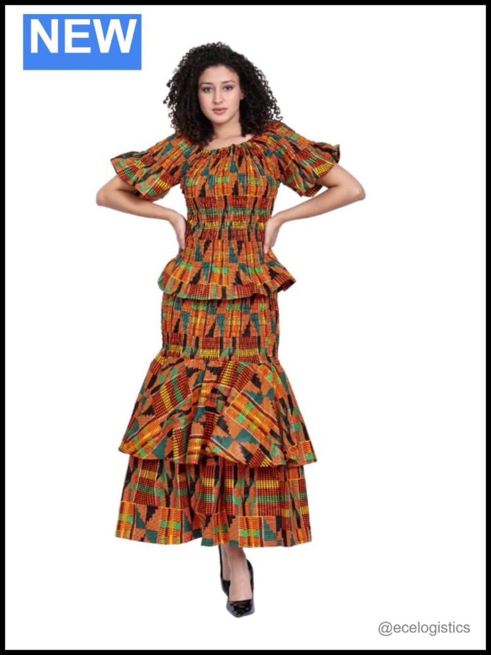 African Kente 3 Piece Outfit Set Cotton Smocked Blouse Mermaid Skirt